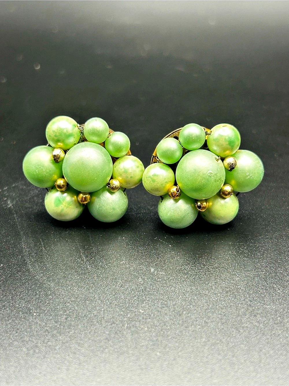 JAPAN Vintage Green Beaded Clip-On Earrings